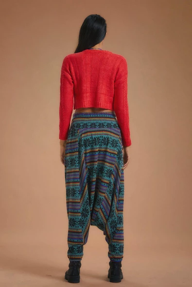 Gipe Bel Detaylı Kışlık Kadın Petrol Desenli Şalvar Pantolon - 4