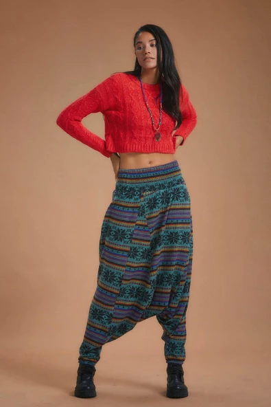 Gipe Bel Detaylı Kışlık Kadın Petrol Desenli Şalvar Pantolon - 2