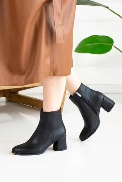 Nstil Siyah - Bej Günlük Kadın Bot Fermuarlı Kalın Yüksek Topuklu Rahat Bootie 2001 - 6