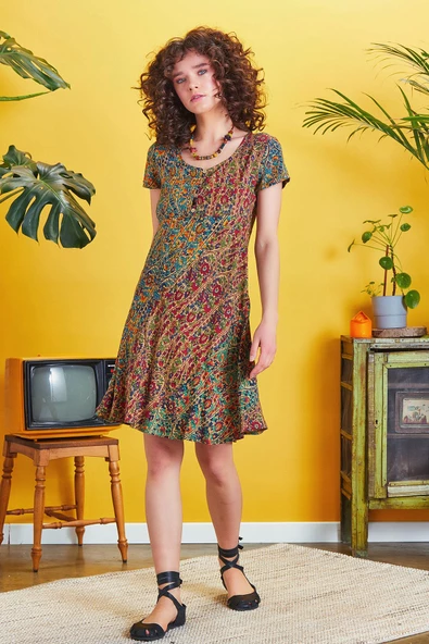 Önü Düğmeli Patchwork Kısa Kol Bohem Elbise - 4