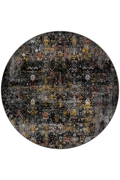 Vintage Desen Yıkanabilir Pamuk Taban Dekoratif Yuvarlak Halı  SİYAH 120X120