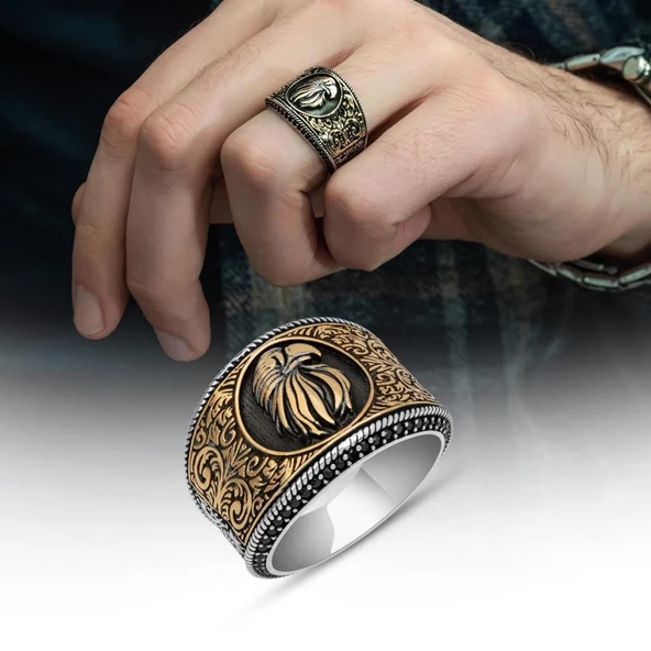 Kartal Başı Desenli Mikro Taşlı 925 Gümüş Erkek Yüzük - 11