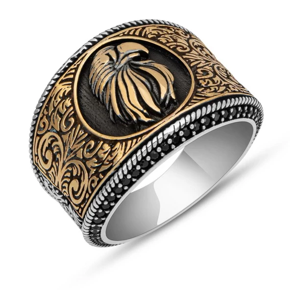 Kartal Başı Desenli Mikro Taşlı 925 Gümüş Erkek Yüzük - 2