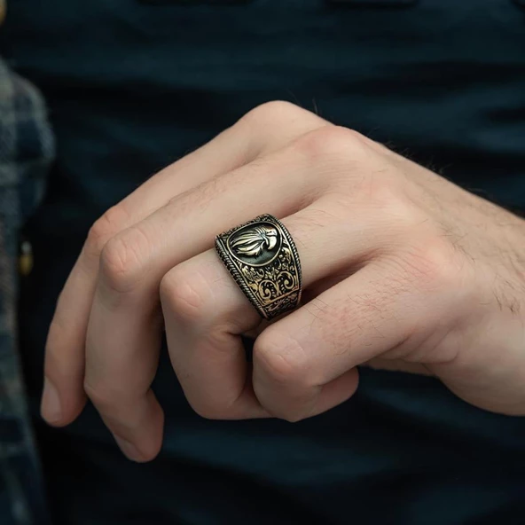 Kartal Başı Desenli Mikro Taşlı 925 Gümüş Erkek Yüzük - 7