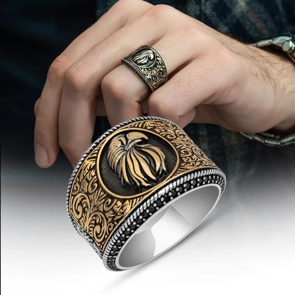 Kartal Başı Desenli Mikro Taşlı 925 Gümüş Erkek Yüzük