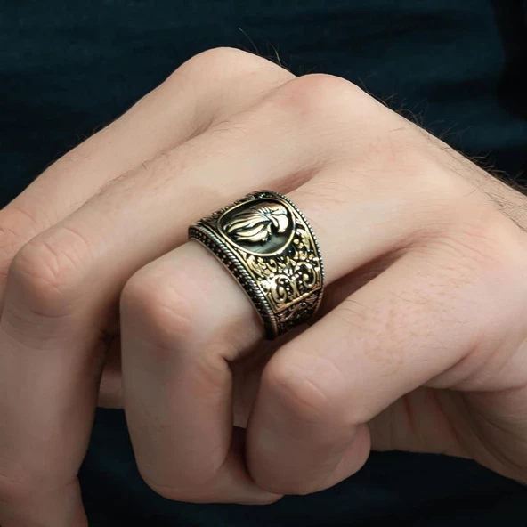 Kartal Başı Desenli Mikro Taşlı 925 Gümüş Erkek Yüzük - 5