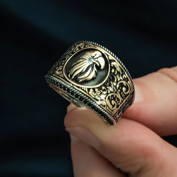 Kartal Başı Desenli Mikro Taşlı 925 Gümüş Erkek Yüzük - 4