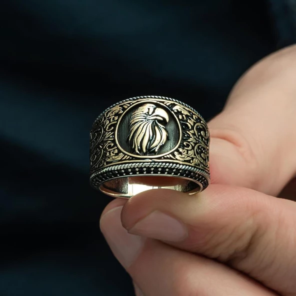 Kartal Başı Desenli Mikro Taşlı 925 Gümüş Erkek Yüzük - 3