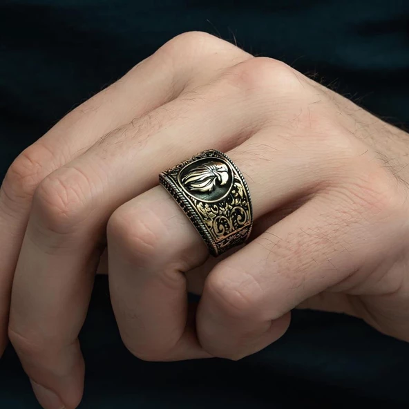 Kartal Başı Desenli Mikro Taşlı 925 Gümüş Erkek Yüzük - 8