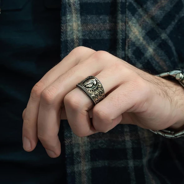 Kartal Başı Desenli Mikro Taşlı 925 Gümüş Erkek Yüzük - 6