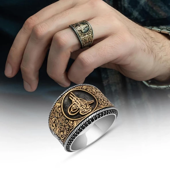 Tuğra Desenli Mikro Taşlı 925 Gümüş Erkek Yüzük - 9