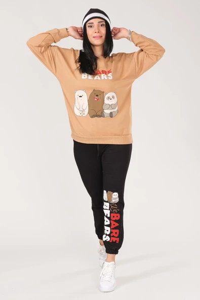 Kadın We Bare Bears Baskılı Eşofman Takımı Camel - 4