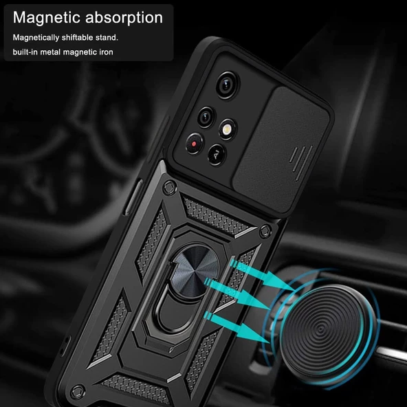 KNY Xiaomi Redmi Note 9 Pro Kılıf Ultra Korumalı Yüzüklü Manyetik Sürgülü Vega Kapak Siyah - 2
