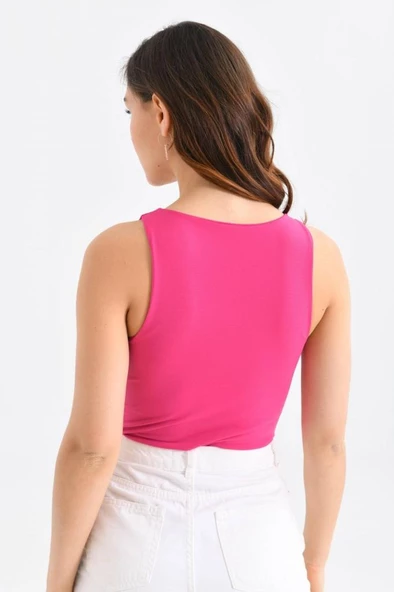 Askılı Bisiklet Yaka Kadın Fuşya Bodysuit - 5