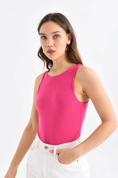 Askılı Bisiklet Yaka Kadın Fuşya Bodysuit - 2