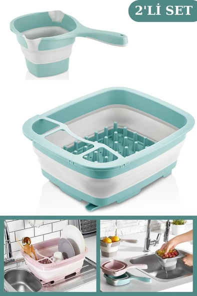 Flosoft Katlanabilir Maşrapa ve Akordiyon Bulaşıklık & Badya, Kaşıklık Tabaklık Kurutmalık 2’li Set - 8