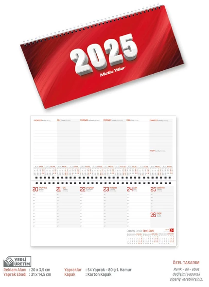 Masa Takvimi Haftalık Karton Kapak (Küçük Boy: 31x11 Cm)