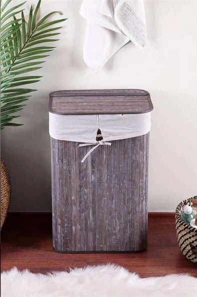 Digithome Dikdörtgen Bambu Çamaşır Sepeti Gri CL-6002-2 C1-1-121 - 4