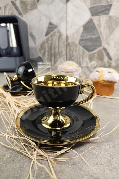 Digithome Porselen 2 Kişilik Yaldızlı Kahve Fincan Takımı Siyah - İST-72 C320.049