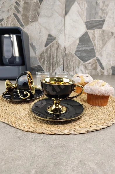 Digithome Porselen 2 Kişilik Yaldızlı Kahve Fincan Takımı Siyah - İST-72 C320.049 - 3