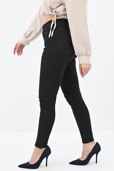 Kadın Yüksek Bel Siyah Jean Pantolon 6187-23 - 4