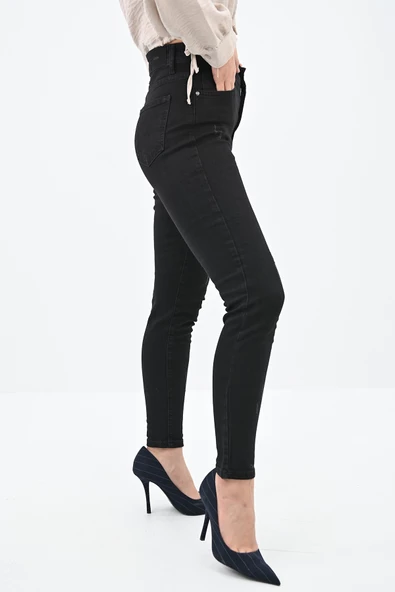Kadın Yüksek Bel Siyah Jean Pantolon 6187-23 - 5