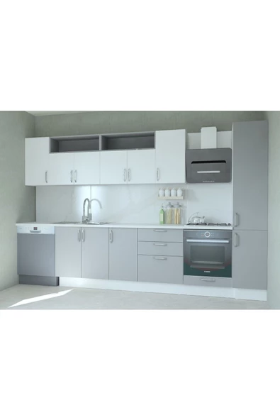 Mobilique 340 cm Beyaz Gri Tezgahsız Hazır Mutfak 3Çkm - 4