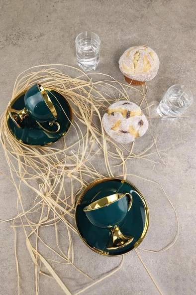 Digithome Porselen 2 Kişilik Yaldızlı Kahve Fincan Takımı Yeşil - İST-63 C320.049 - Resim 2