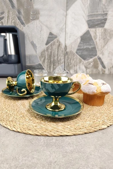 Digithome Porselen 2 Kişilik Yaldızlı Kahve Fincan Takımı Yeşil - İST-63 C320.049 - Resim 3