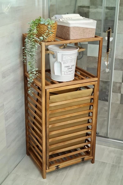 Digithome Ceviz Rengi Ahşap Kirli Sepetli Banyo Düzenleyici Raf – CVZ01 C1-1-140 - 3