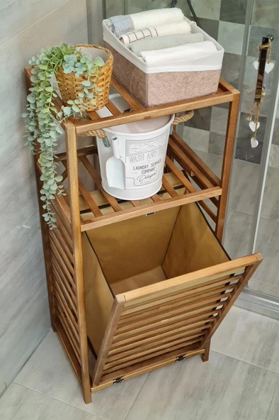 Digithome Ceviz Rengi Ahşap Kirli Sepetli Banyo Düzenleyici Raf – CVZ01 C1-1-140 - 4