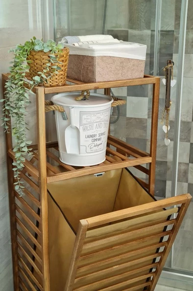 Digithome Ceviz Rengi Ahşap Kirli Sepetli Banyo Düzenleyici Raf – CVZ01 C1-1-140 - 5