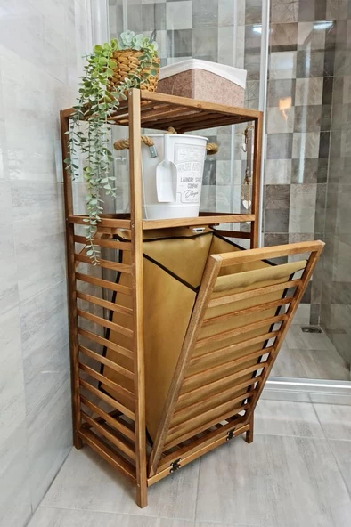 Digithome Ceviz Rengi Ahşap Kirli Sepetli Banyo Düzenleyici Raf – CVZ01 C1-1-140 - 2