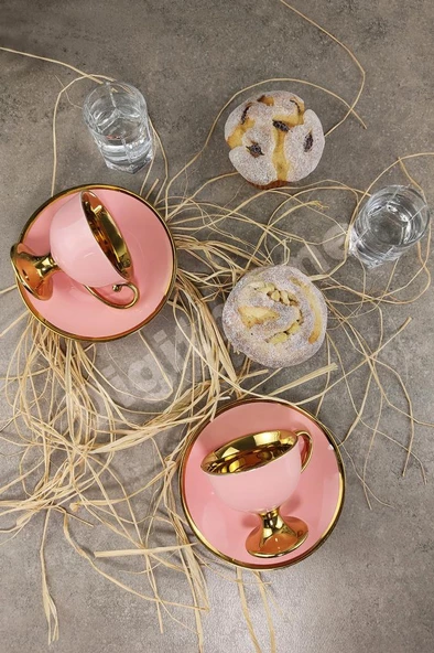 Digithome Porselen 2 Kişilik Yaldızlı Kahve Fincan Takımı Pembe - İST-98 C320.049 - Resim 2