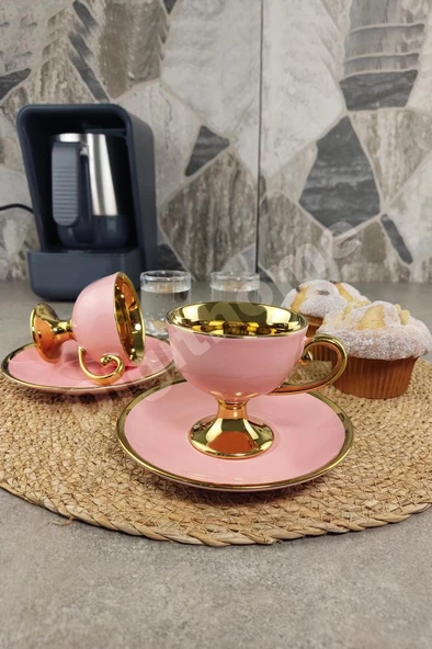 Digithome Porselen 2 Kişilik Yaldızlı Kahve Fincan Takımı Pembe - İST-98 C320.049 - Resim 3