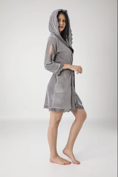 Dantelli Kısa Kapüşonlu Niki Kadife Bambu Cotton Bayan Sabahlık - 3