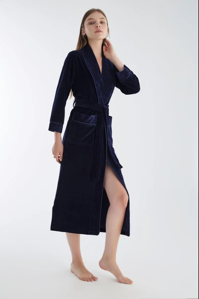 Yaka Jakarlı Niki Kadife Bambu Cotton Bayan Sabahlık - 3