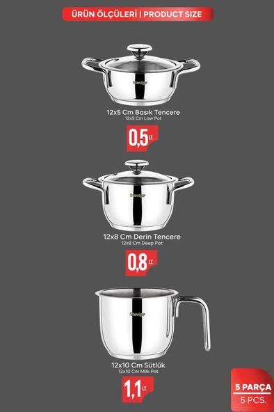 Stevig 4 Mini Meals 18/10 Paslanmaz Çelik Tencere Seti 5 Parça St-303 - 6