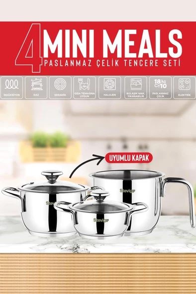 Stevig 4 Mini Meals 18/10 Paslanmaz Çelik Tencere Seti 5 Parça St-303 - 2