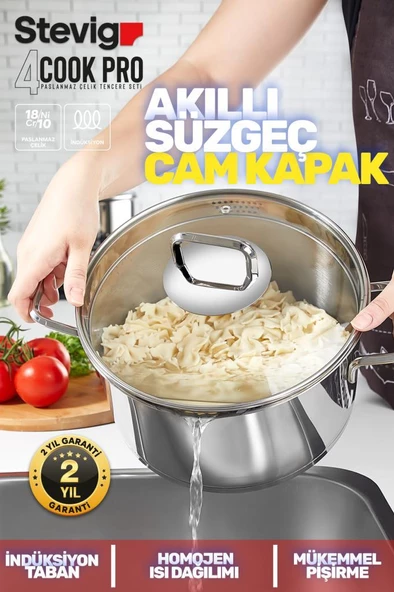 Stevig 4 Cook Pro Süzgeç Kapaklı 18/10 Paslanmaz Çelik Tencere Seti 6 Parça ST-301 - 3