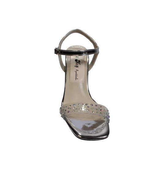 YAZKIŞ Kadın Platin Gümüş Şeffaf Taşlı Bantlı 8cm kadeh Topuklu Düğün Nişan Abiye Ayakkabı - 7