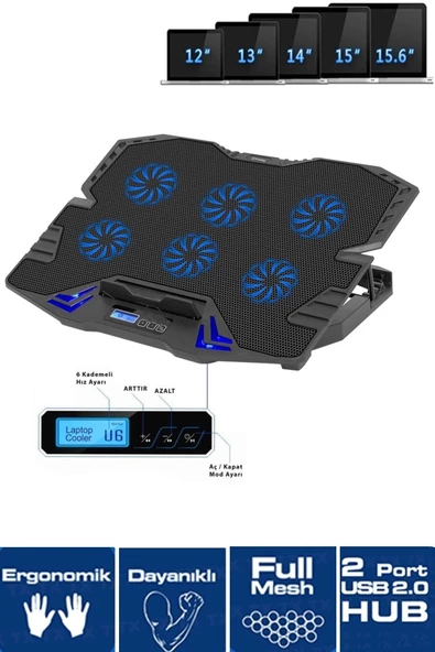 Frisby FNC-5235ST GS6 Notebook Soğutucu (6xFan) LCD Kontrol Panel Metal Izgara 5 Kademeli Yükseklik