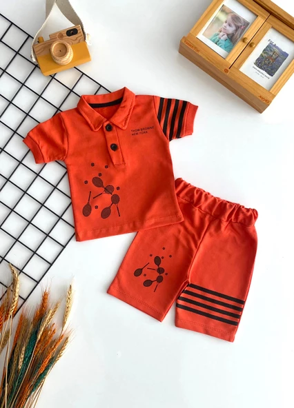 Neşeli Bebekler Tenis Baskılı Polo Yaka Şort Takım Kiremit
