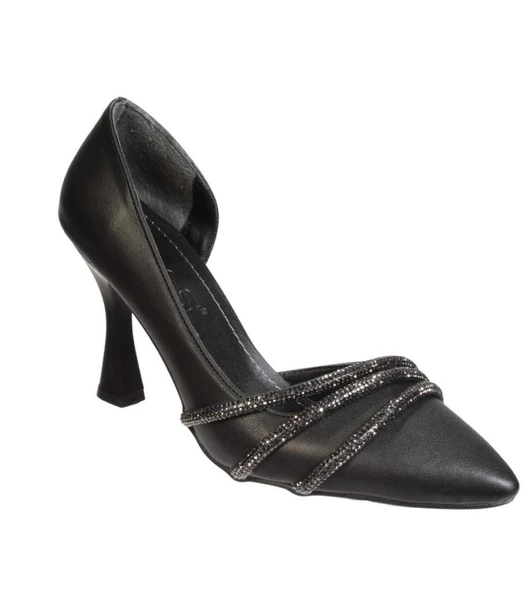 YAZKIŞ Kadın Siyah Beyaz Cilt 9cm Şamdan Topuklu Üzeri Taşı Yanı Açık Düğün Nişan Abiye Ayakkabı ürün görseli 1