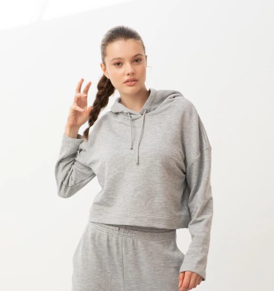 Nors Bolthor Kapüşonlu Crop Sweatshirt Açık Gri Melanj - 2
