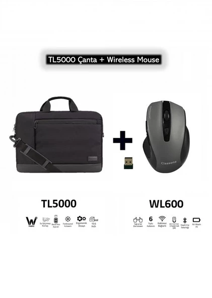 Classone TL5000-Wl600 Wtxpro Su Geçirmez Kumaş 15.6 Inç Uyumlu Notebook ,laptop El Çantası+WL600 Kablosuz Mouse