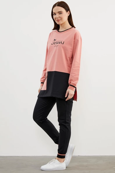 Triko Yaka Detaylı Oversize Eşofman Takım - Pembe - 4
