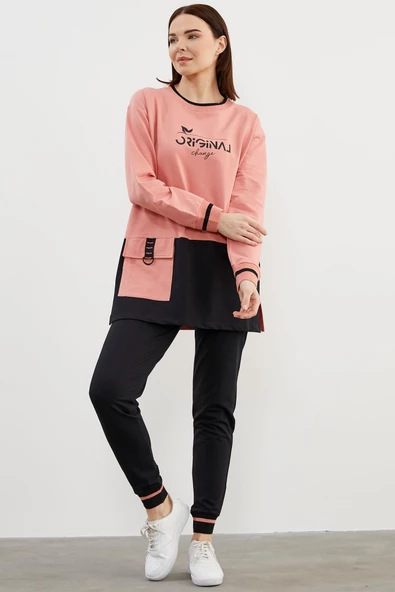 Triko Yaka Detaylı Oversize Eşofman Takım - Pembe - 2