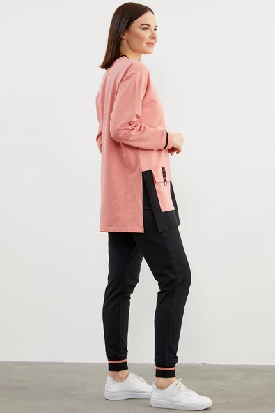 Triko Yaka Detaylı Oversize Eşofman Takım - Pembe - 5