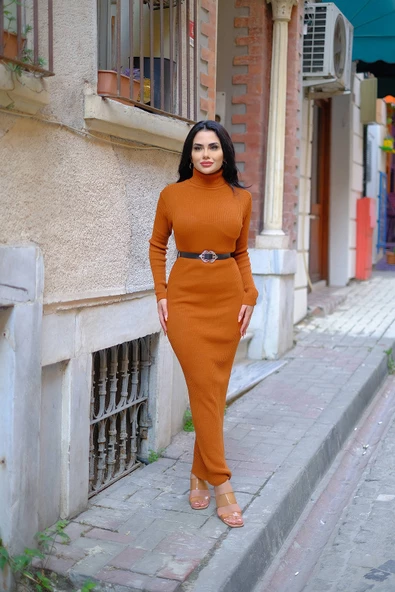 Boğazlı Triko Kalem Elbise (KEMER DAHİL DEGİLDİR S/M/L BEDEN UYUMLU) - 9